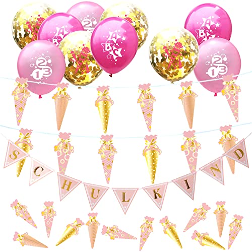 Oblique Unique® Einschulung Deko Set Mädchen – XXL Schuleinführung Deko in Rosa & Gold mit Zuckertüten-Girlande, Schulkind-Wimpelgirlande, Luftballons & Zuckertüten Konfetti – Schulanfang Party von Oblique Unique
