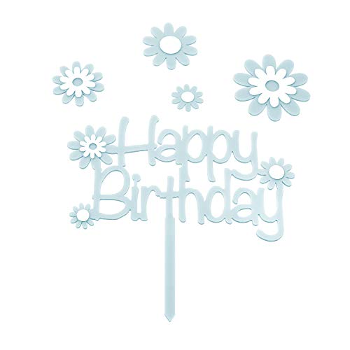 Oblique Unique® Torten Kuchen Topper Aufsatz Happy Birthday Kinder Geburtstag Jubiläum Deko mit Blumen oder Herzen Muffin Cupcake Dekoration (Blau mit Blumen) von Oblique Unique