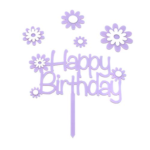 Oblique Unique® Torten Kuchen Topper Aufsatz Happy Birthday Kinder Geburtstag Jubiläum Deko mit Blumen oder Herzen Muffin Cupcake Dekoration (Lila mit Blumen) von Oblique Unique
