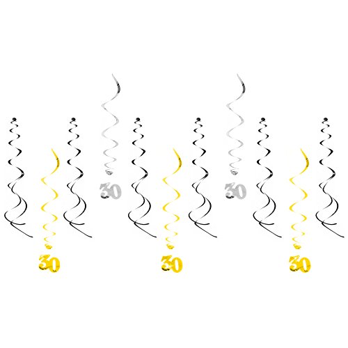 Oblique-Unique® 30. Geburtstag Wirbel Spiral Deckenhänger Girlande Set mit Spiegeleffekt Geburtstag Deko Gold Silber Schwarz von Oblique Unique