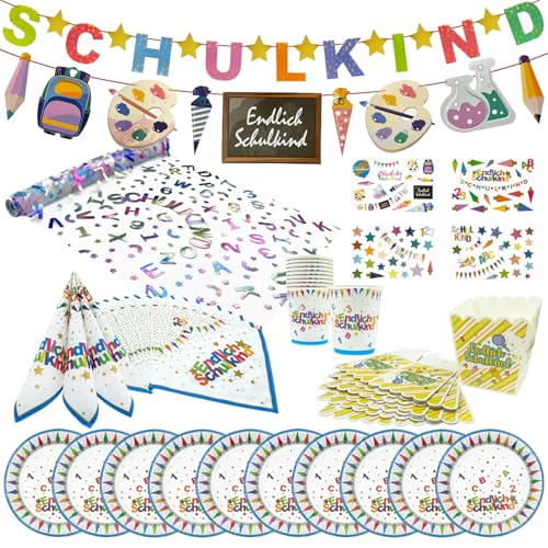 Oblique Unique Einschulung Deko Set XXL für Jungen und Mädchen zur Schuleinführung mit Tischläufer Pappschachteln Sticker Girlanden Servietten Becher Teller von Oblique Unique
