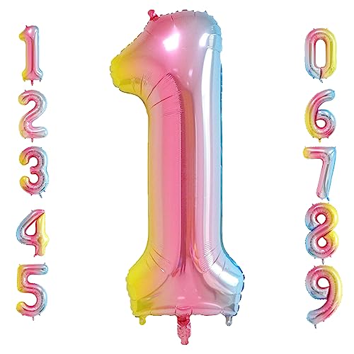 Oboteny Folien Helium Luftballons Geburtstag - 40Zoll(101CM)-Regenbogen-Gradienten-Zahlenballons mit Krone, Zahlenballon Geeignet Geburtstagsdeko Hochzeitsdeko Party Deko - [1] von Oboteny