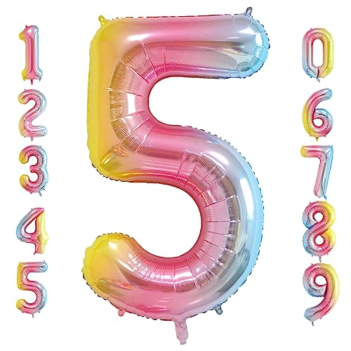 Oboteny Folien Helium Luftballons Geburtstag - 40Zoll(101CM)-Regenbogen-Gradienten-Zahlenballons mit Krone, Zahlenballon Geeignet Geburtstagsdeko Hochzeitsdeko Party Deko - [5] von Oboteny
