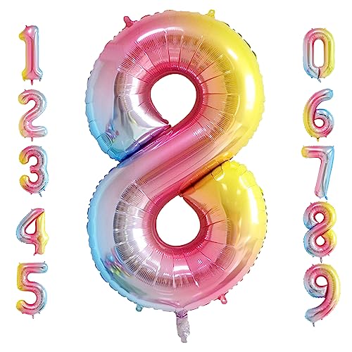Oboteny Folien Helium Luftballons Geburtstag - 40Zoll(101CM)-Regenbogen-Gradienten-Zahlenballons mit Krone, Zahlenballon Geeignet Geburtstagsdeko Hochzeitsdeko Party Deko - [8] von Oboteny