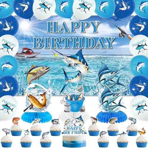 Obussgar Angeln Geburtstag Party Dekorationen - Angeln Party Zubehör einschließlich Happy Birthday Kulisse, Spiralen, Cake Toppers, Tisch Centerpieces, Luftballons (B) von Obussgar