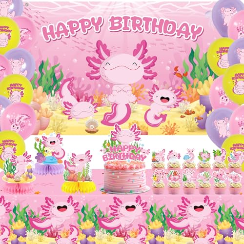 Obussgar Axolotl Geburtstagsparty-Dekorationen in Rosa – Axolotl Partyzubehör einschließlich Happy Birthday-Hintergrund, Kuchendekoration, Tischdekoration, Luftballons (BJ) von Obussgar