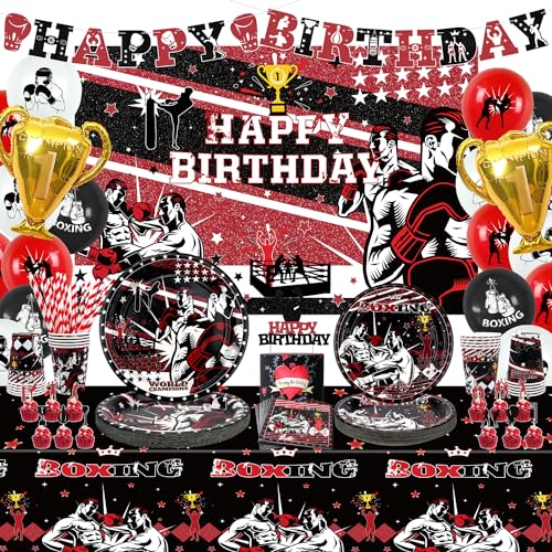 Obussgar Boxing Birthday Party Decorations - Boxing Party Supplies including Banner, Backdrop, Cake Toppers, Plates, Cups, Napkins, Balloons, Tablecloth for Birthday Party Baby Shower - Serves 20 Obussgar Boxing Birthday Party Decorations - Boxing Party Supplies including Banner, Backdrop, Cake Toppers, Plates, Cups, Napkins, Balloons, Tablecloth for Birthday Party Baby Shower - Serves 20 von Obussgar