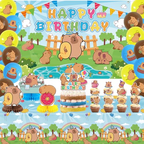 Obussgar Capybara Geburtstag Party Dekorationen - Capybara Party Supplies einschließlich Happy Birthday Banner, Spiralen, Cake Toppers, Tisch Centerpieces, Luftballons, Aufkleber, Tischtuch (BJB) von Obussgar