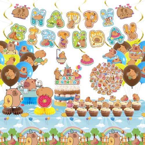 Obussgar Capybara Geburtstag Party Dekorationen - Capybara Party Supplies einschließlich Happy Birthday Banner, Spiralen, Cake Toppers, Tisch Centerpieces, Luftballons, Aufkleber, Tischtuch (LQ) von Obussgar