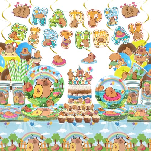 Obussgar Capybara Geburtstagsfeier Dekorationen - Capybara Partyzubehör einschließlich Banner, Teller, Tortenaufsatz, Tasse, Serviette, Ballon, Tischdecke für Capybara Party Dekoration - Serves 20 Obussgar Capybara Geburtstagsfeier Dekorationen - Capybara Partyzubehör einschließlich Banner, Teller, Tortenaufsatz, Tasse, Serviette, Ballon, Tischdecke für Capybara Party Dekoration - Serves 20 von Obussgar