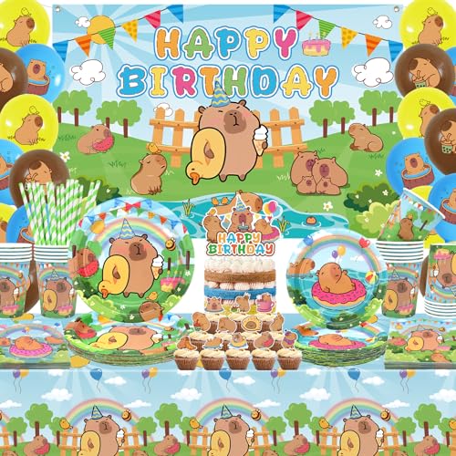 Obussgar Capybara Geburtstagsparty-Dekorationen - Capybara Partyzubehör einschließlich Hintergrund, Teller, Tortenaufsatz, Tasse, Serviette, Ballon, Tischdecke für Capybara Party Dekoration - Serves Obussgar Capybara Geburtstagsparty-Dekorationen - Capybara Partyzubehör einschließlich Hintergrund, Teller, Tortenaufsatz, Tasse, Serviette, Ballon, Tischdecke für Capybara Party Dekoration - Serves von Obussgar