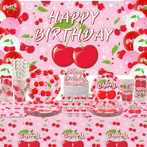 Obussgar Cherry Birthday Party Decorations - Cherry Party Supplies including Banner, Plate, Cake Topper, Cup, Napkin, Balloon, Tablecloth - Serves 20 (BJ) von Obussgar