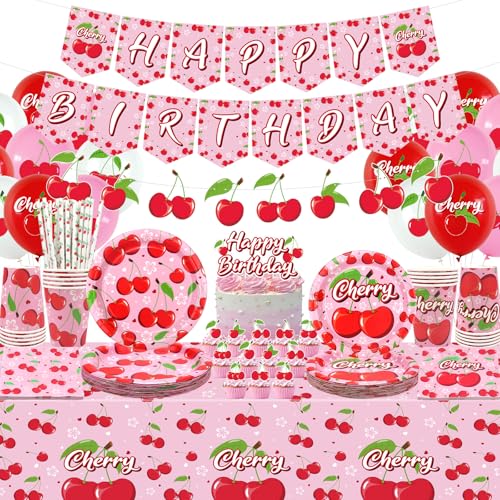 Obussgar Cherry Birthday Party Decorations - Cherry Party Supplies including Banner, Plate, Cake Topper, Cup, Napkin, Balloon, Tablecloth - Serves 20 (LQ) von Obussgar