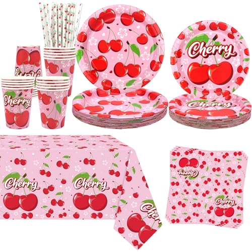 Obussgar Cherry Party Dekoration - Cherry Birthday Party Geschirr Supplies Enthält Teller, Becher, Servietten, Tischdecke, Strohhalme - Serves 20 von Obussgar