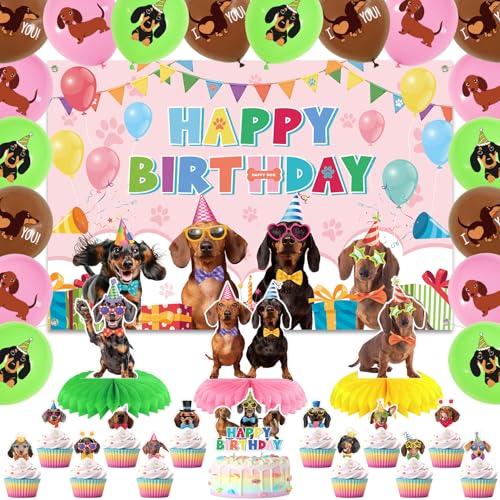 Obussgar Dackel Geburtstag Party Dekorationen - Dackel Party Zubehör einschließlich Happy Birthday Backdrop, Spiralen, Cake Toppers, Table Centerpieces, Luftballons (BJ) von Obussgar