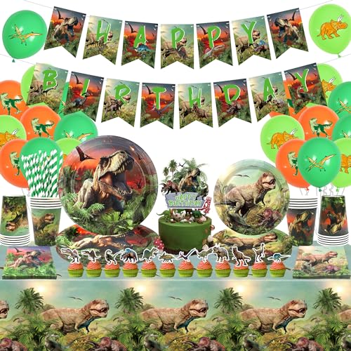 Obussgar Dinosaurier Geburtstag Party Dekorationen - Dinosaurier Party Zubehör einschließlich Banner, Kuchen Topper, Teller, Tassen, Servietten, Tischdecken, Luftballons- für 20 Gäste (Banner) von Obussgar