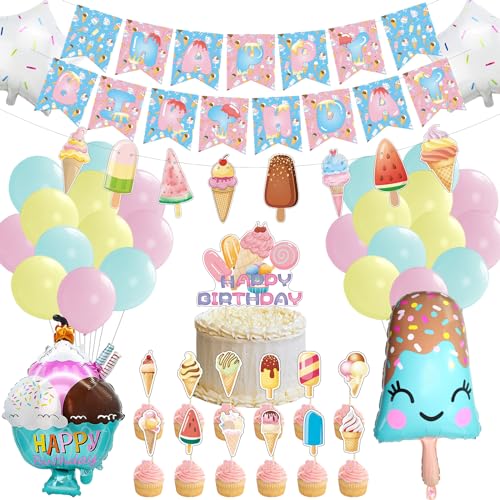 Obussgar Eiscreme Geburtstag Party Dekorationen - Eiscreme Party Suppliese einschließlich Banner, Ballons, Kuchen Toppers für Kinder Geburtstag Party von Obussgar