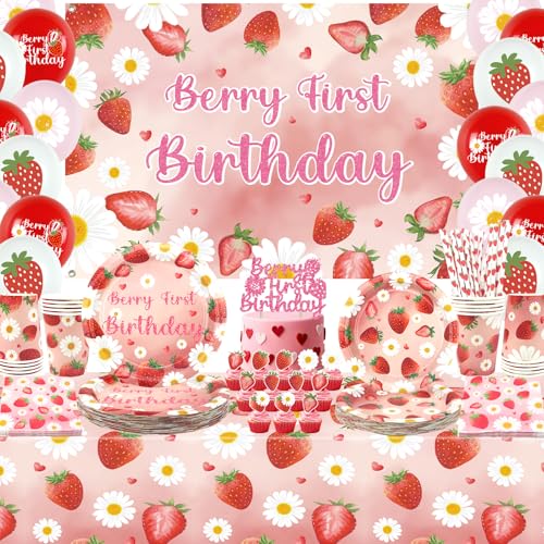 Obussgar Erdbeer-Gänseblümchen-Geburtstagsparty-Dekorationen, Erdbeer-Gänseblümchen-Partyzubehör, einschließlich Banner, Teller, Kuchenaufsatz, Tasse, Serviette, Ballon, Tischdecke, 20 Stück (BJ) Obussgar Erdbeer-Gänseblümchen-Geburtstagsparty-Dekorationen, Erdbeer-Gänseblümchen-Partyzubehör, einschließlich Banner, Teller, Kuchenaufsatz, Tasse, Serviette, Ballon, Tischdecke, 20 Stück (BJ) von Obussgar
