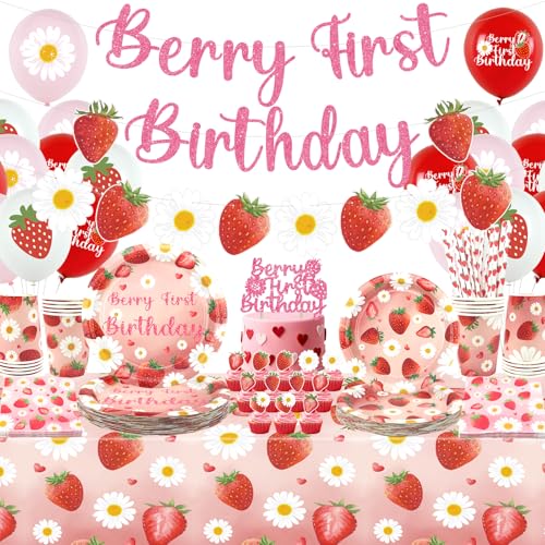 Obussgar Erdbeer-Gänseblümchen-Geburtstagsparty-Dekorationen, Erdbeer-Gänseblümchen-Partyzubehör, einschließlich Banner, Teller, Kuchenaufsatz, Tasse, Serviette, Ballon, Tischdecke, 20 Stück (lq) Obussgar Erdbeer-Gänseblümchen-Geburtstagsparty-Dekorationen, Erdbeer-Gänseblümchen-Partyzubehör, einschließlich Banner, Teller, Kuchenaufsatz, Tasse, Serviette, Ballon, Tischdecke, 20 Stück (lq) von Obussgar