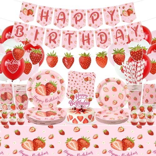 Obussgar Erdbeere Geburtstag Party Dekorationen - Erdbeere Party Supplies einschließlich Banner, Teller, Tortenaufsatz, Tasse, Serviette, Ballon, Tischdecke für Erdbeerparty Dekoration - Serves 20 (L) von Obussgar
