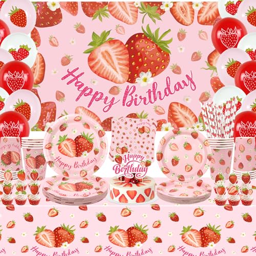 Obussgar Erdbeere Geburtstag Party Dekorationen - Erdbeere Party Zubehör einschließlich Kulisse, Teller, Kuchen Topper, Tasse, Serviette, Ballon, Tischdecke - serviert 20 (B) von Obussgar