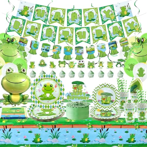 Obussgar Frosch Geburtstag Party Dekoration - Frosch Party Supplies einschließlich Banner, Cake Toppers, Pteller, Servietten, Tassen, Tischdecke, Frog Balloons -für 20 Gäste (B) von Obussgar