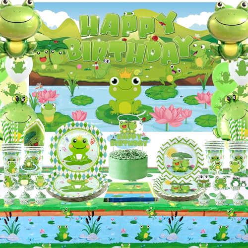 Obussgar Frosch Geburtstag Party Dekorationen - Frosch Party Supplies einschließlich Hintergrund, Teller, Kuchenaufsätze, Tassen, Servietten, Luftballons, Tischdecke für Frosch Geburtstagsfeier Baby von Obussgar