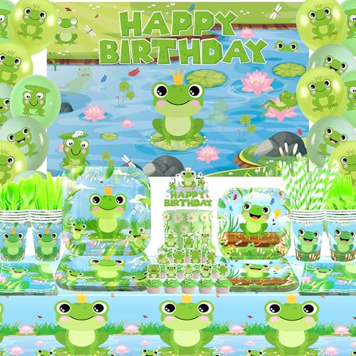Obussgar Frosch Geburtstag Party Dekorationen - Frosch Party Zubehör einschließlich Kulisse, Teller, Kuchen Topper, Tasse, Serviette, Ballon, Tischdecke - für 20 Personen (Backdrops) von Obussgar