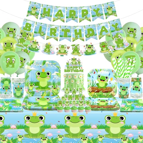 Obussgar Frosch Geburtstag Party Dekorationen - Frosch Party Zubehör einschließlich Banner, Teller, Kuchen Topper, Tasse, Serviette, Ballon, Tischdecke - für 20 Personen (Banner) von Obussgar