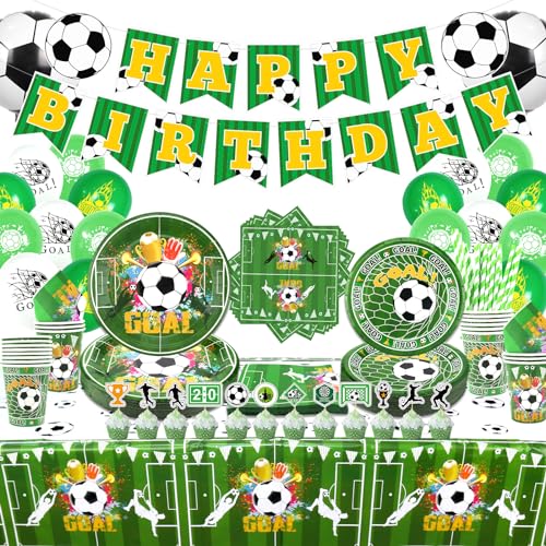 Obussgar Fußball Geburtstag Party Dekorationen - Fußball Geburtstag Party Supplies einschließlich Teller, Tassen, Servietten, Tischdecke, Luftballons - für 20 Gäste (B) von Obussgar