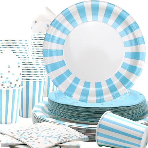Obussgar Hellblau Gestreiftes Geschirr Partyzubehör umfasst Teller, Servietten, Pappbecher für Geburtstagsfeiern, Abschlussfeiern, Hochzeiten, Babyparty (Hellblau 40) von Obussgar