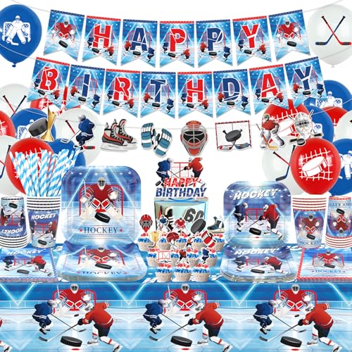 Obussgar Hockey Geburtstag Party Dekorationen - Eishockey Party Zubehör einschließlich Banner, Teller, Kuchen Topper, Tasse, Serviette, Ballon, Tischdecke für Hockey Party Dekoration - serviert 20 Obussgar Hockey Geburtstag Party Dekorationen - Eishockey Party Zubehör einschließlich Banner, Teller, Kuchen Topper, Tasse, Serviette, Ballon, Tischdecke für Hockey Party Dekoration - serviert 20 von Obussgar