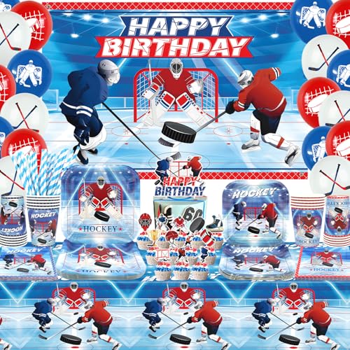 Obussgar Hockey Geburtstag Party Dekorationen - Eishockey Party Zubehör einschließlich Kulisse, Teller, Kuchen Topper, Tasse, Serviette, Ballon, Tischdecke für Hockey Party Dekoration - serviert 20 Obussgar Hockey Geburtstag Party Dekorationen - Eishockey Party Zubehör einschließlich Kulisse, Teller, Kuchen Topper, Tasse, Serviette, Ballon, Tischdecke für Hockey Party Dekoration - serviert 20 von Obussgar