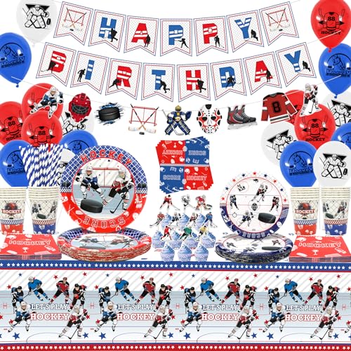 Obussgar Hockey Geburtstag Party Dekorationen - Ice Hockey Party Zubehör gehören Banner, Kuchen Topper, Teller, Tassen, Servietten, Luftballons für Jungen und Mädchen Geburtstagspartys (Banner) von Obussgar