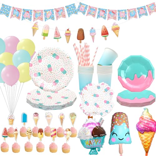 Obussgar Ice Cream Geburtstagsparty Dekorationen - Ice Cream Party Zubehör einschließlich Banner Teller Tassen Servietten Tischdecke Luftballons für Geburtstag Party Dekorationen - für 24 Gäste (B) von Obussgar