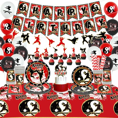 Obussgar Karate Geburtstag Party Dekorationen - Karate Party Zubehör umfasst Teller, Tassen, Servietten, Cake Toppers, Luftballons, Tischdecken für Karate Themed Party Dekorationen (Banner) von Obussgar