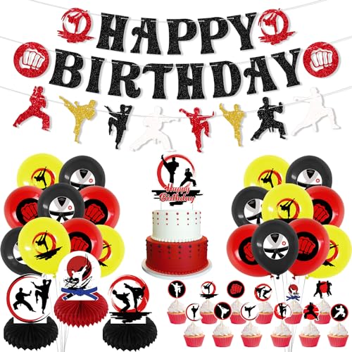 Obussgar Karate Geburtstag Party Dekorationen - Karate Sport Party Zubehör einschließlich glänzende Geburtstag Banner, Cake Toppers, Centerpieces, Luftballons für Jungen Mädchen Geburtstag Party von Obussgar
