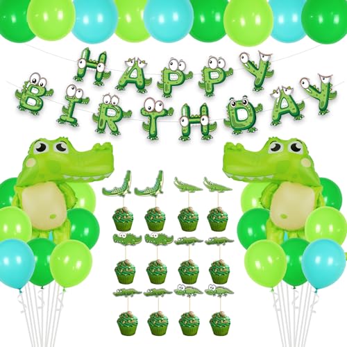 Obussgar Krokodil Geburtstag Dekorationen-Krokodil Geburtstag Party Zubehör umfassen alles Gute zum Geburtstag Banner, hängende Strudel, Cupcake Toppers, Luftballons (A) von Obussgar
