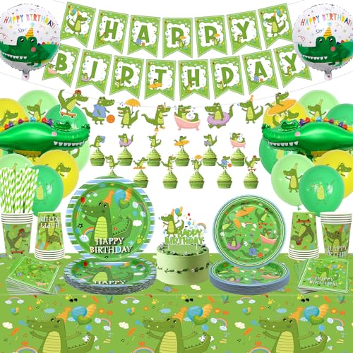 Obussgar Krokodil Geburtstag Party Supplies-Krokodil Geburtstag Party Dekorationen einschließlich Banner, Kuchen Dekorationen, Teller, Tassen, Servietten, Tischdecke, Luftballons (B) von Obussgar