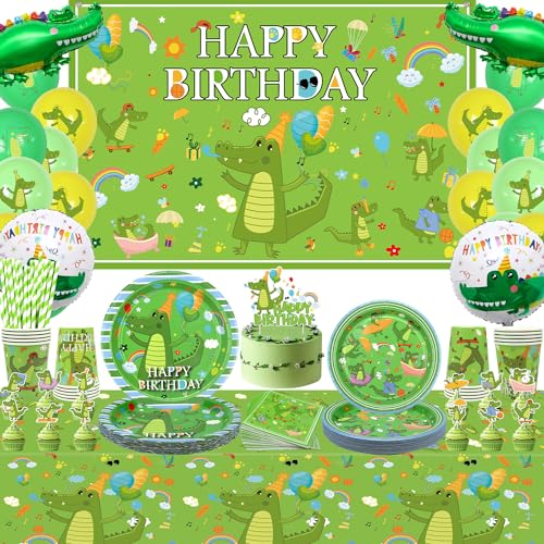 Obussgar Krokodil Geburtstag Party Supplies-Krokodil Geburtstag Party Dekorationen einschließlich Banner, Kuchen Dekorationen, Teller, Tassen, Servietten, Tischdecke, Luftballons (C) von Obussgar