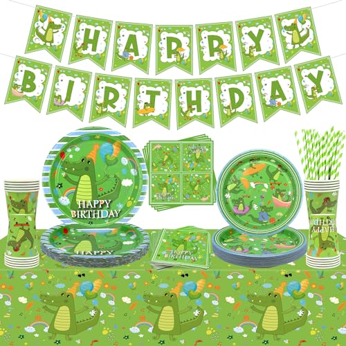 Obussgar Krokodil Geburtstag Party Supplies-Krokodil Geburtstag Party Dekorationen einschließlich Banner, Teller, Tassen, Servietten, Tischdecke, Luftballons (A) von Obussgar