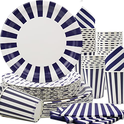 Obussgar Marineblau Gestreiftes Geschirr Partyzubehör umfasst Teller, Servietten, Pappbecher für Geburtstagsfeiern, Abschlussfeiern, Hochzeiten, Babyparty (Dunkelblau 40) von Obussgar
