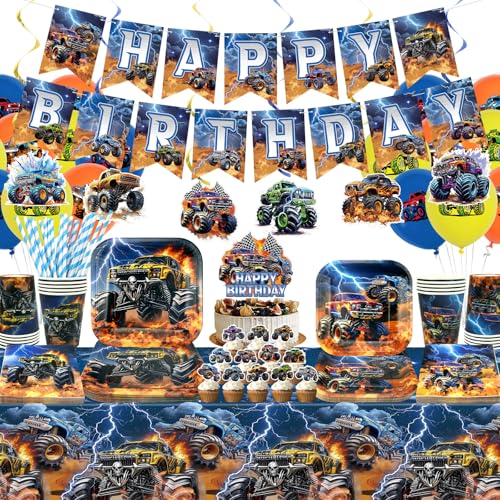 Obussgar Monster Truck Geburtstagsparty Dekorationen - Monster Truck Party Supplies einschließlich Banner, Teller, Tortenaufsatz, Tasse, Serviette, Ballon, Tischdecke - Serves 20 (LQ) von Obussgar