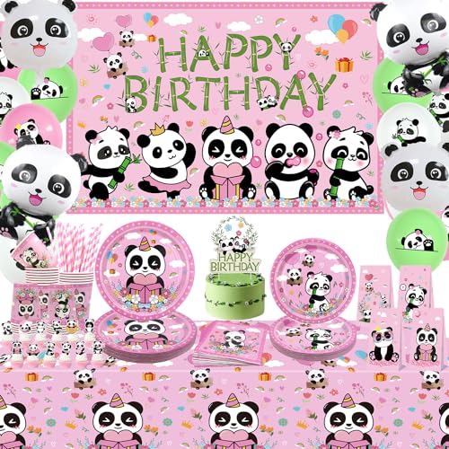 Obussgar Panda Geburtstag Party Dekorationen- Panda Party Zubehör einschließlich Kulisse, Teller, Tassen, Tischtücher, Panda Ballons für Mädchen Geburtstag Party - Serviert 20 (C) von Obussgar