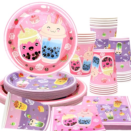 Obussgar Perltee Geburtstag Party Dekorationen - Rosa Cartoon Perltee Teller, Tassen, Servietten, Tischdecken für Mädchen Party Dekorationen (40 Count) von Obussgar
