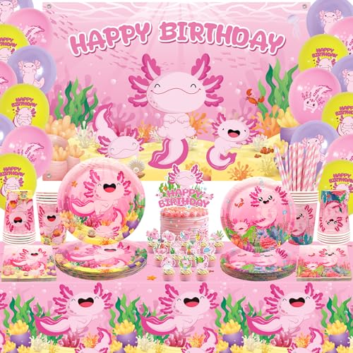 Obussgar Pink Axolotl Geburtstag Party Dekorationen - Axolotl Party Zubehör einschließlich Kulisse, Teller, Cake Topper, Tasse, Serviette, Ballon, Tischdecke - für 20 Personen (BJ) von Obussgar