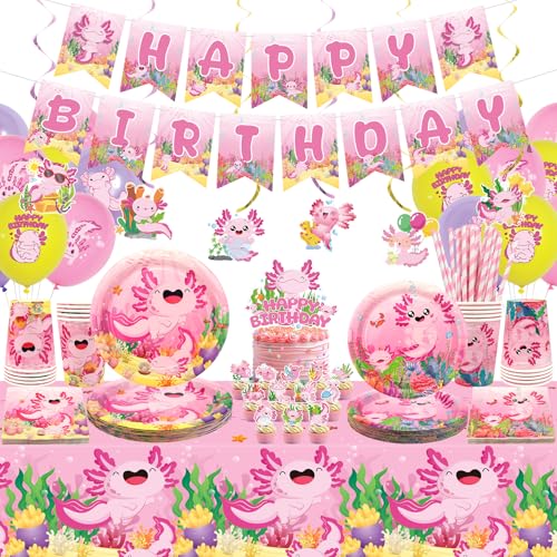 Obussgar Pink Axolotl Geburtstag Party Dekorationen - Axolotl Party Zubehör einschließlich Banner, Teller, Cake Topper, Tasse, Serviette, Ballon, Tischdecke - für 20 Personen (LQ) von Obussgar