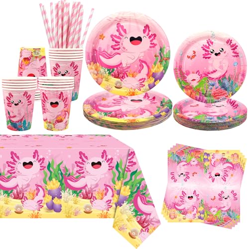Obussgar Pink Axolotl Party Dekoration - Axolotl Geburtstag Party Geschirr Zubehör enthält Teller, Tassen, Servietten, Tischdecke, Strohhalme - für 20 Personen von Obussgar