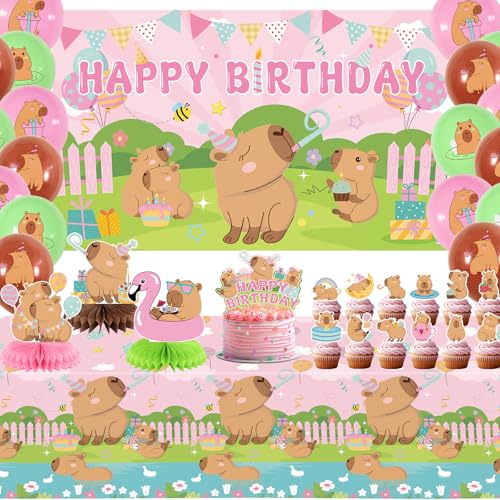 Obussgar Pinke Capybara-Geburtstagsparty-Dekorationen – Capybara-Partyzubehör einschließlich Happy Birthday-Hintergrund, Spiralen, Kuchenaufsätze, Tischaufsätze, Luftballons (BJ) von Obussgar