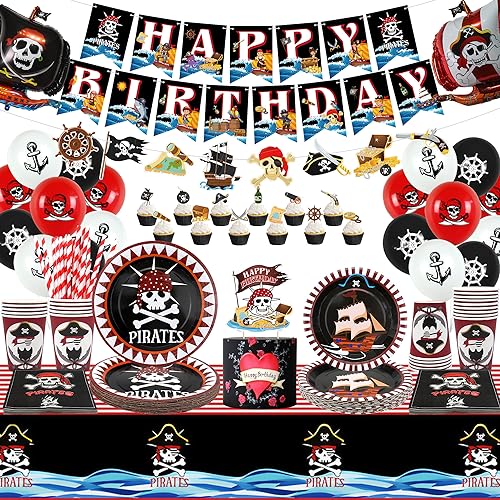 Obussgar Piraten-Geburtstagsparty-Zubehör, 141 Stück Piraten-Party-Dekorationen inklusive Happy Birthday-Banner, Kuchen- und Cupcake-Topper, Luftballons für die Geburtstagsfeier, für 20 Gäste von Obussgar